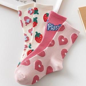 Pink strawberry heart socks set with letter print in stylish mid-calf length for women