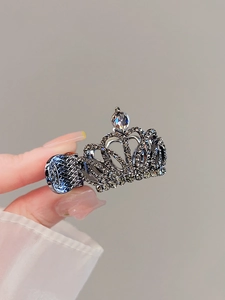 Détail d'une pince à cheveux couronne en métal foncé ornée de strass brillants de luxe