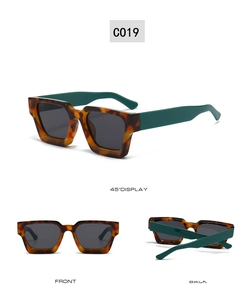 Square tortoiseshell sunglasses with green temples shown from three different angles