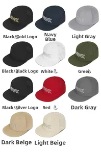 Detailed grid of hip-hop flat brim caps with FEWK 3D embroidery and laser-cut vents