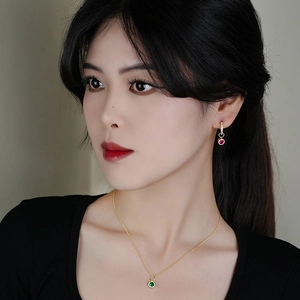 Elegant 925 sterling silver jewelry set with emerald and ruby stone pendants