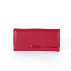 Red long tri-fold women's wallet with silver metal buckle in minimalist fashion design