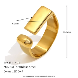 18K gold plated stainless steel open ring with a geometric bar and sphere design