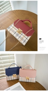 Detail view of plaid mini crossbody bags featuring metal turn-lock and chain straps