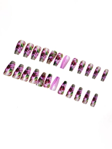 Detailed set of 24 long coffin false nails with pink and purple lily floral designs