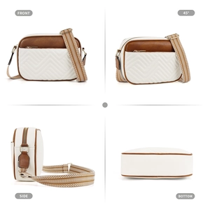 Detailed views of quilted crossbody bag from front, 45 degree, side, and bottom angles