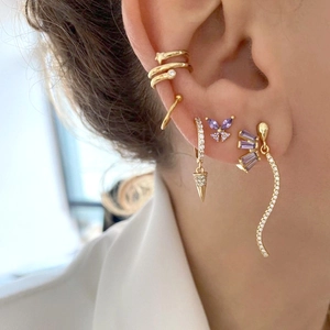 S925 silver needle gold earrings set with purple zircon butterflies and geometric hoops