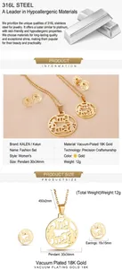 Detail of 18K gold plated Mama necklace set with children silhouettes and sizing info