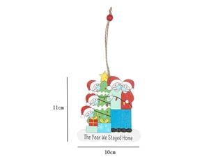 Detail of wooden Christmas family ornament showing dimensions 11cm by 10cm on white background