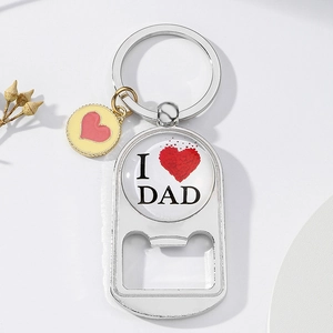 Father's Day bottle opener keychain with I Love Dad glass pendant and gold heart charm