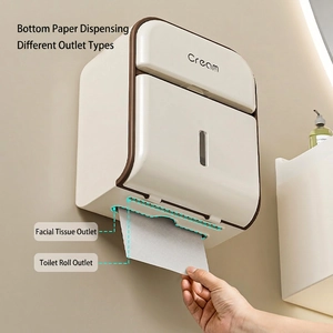 Cream wall-mounted bathroom tissue box with viewing window and top storage shelf