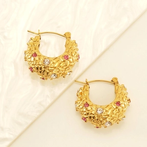 18K gold plated stainless steel chunky hoop earrings with woven texture and crystals