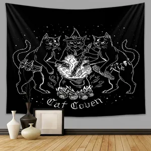Mystical Cat Tapestry Wall Hanging Polyester Gothic Moon Stars Illustration Aesthetic Room Decor For Living Room Bedroom