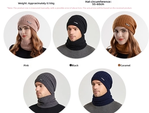 Detaillierte Übersicht der Winter-Strickmützen und Schals in Pink, Schwarz und Blau