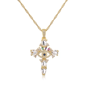 Detail of 18K gold plated cross pendant with colorful zircon stones and evil eye element