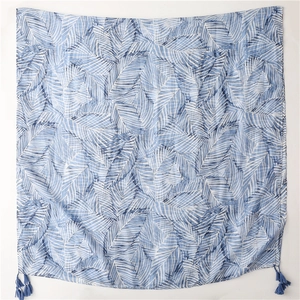 Blue and white palm leaf bohemian shawl with tassels in lightweight bali yarn