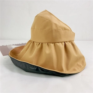 Foldable khaki and black wide brim sun hat for women with a chic dual-tone design