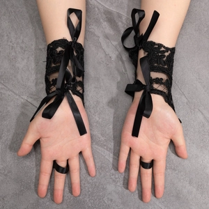 Gothic black lace gloves with floral embroidery and long satin ribbon bows for parties