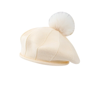 Béret chic en tricot crème pour filles avec pompon en fausse fourrure pour l'hiver