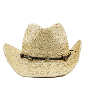 Western straw cowboy hat with wide curled brim and vintage beaded band on white background