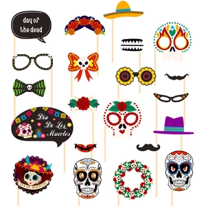 Day Of The Dead Photo Booth Props Paper Handheld Decorative Masks Dia De Los Muertos Mexican Party Colorful Skull Floral