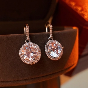 Halo Round Cubic Zirconia Dangle Earrings With Silver Earring Post Shiny Elegant Versatile Jewelry For Women