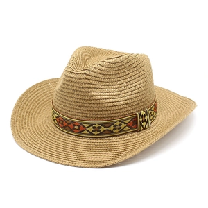 Ethnic western straw cowboy hat with colorful woven band for sun protection outdoors