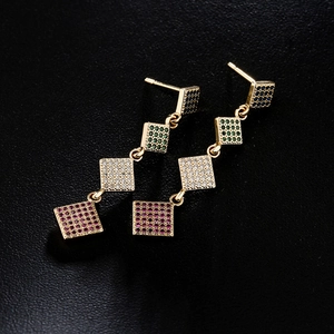 18K gold plated copper earrings with multi-colored geometric zircon rhombus pendants