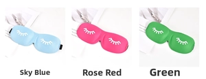 Close-up of 3D contoured sleep masks in blue, rose, and green with cute eyelash patterns
