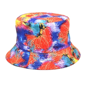 Detail view of colorful tie-dye bucket hat featuring vibrant abstract oil painting patterns