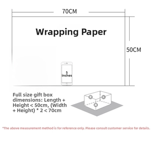 Size guide for 70x50cm gift wrap with A4 paper and smartphone for scale reference