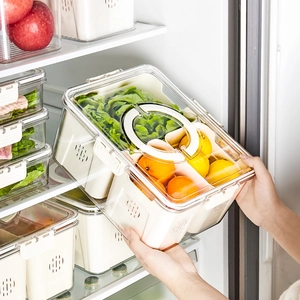 Refrigerator Storage Box Transparent Food Grade Plastic Container With Lid Handle Drain Basket Divided Fridge Organizer