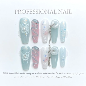 Handmade Chinese style press-on nails with 3D snake design, pearls and silver chains