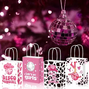 Pink Disco Cowgirl gift bag set with disco ball and cow print patterns for parties