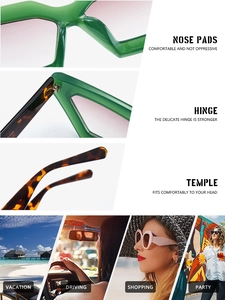 Detail view of reinforced hinges and nasal pads on green geometric cat-eye sunglasses