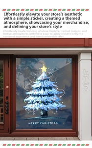 Blue Christmas tree window sticker with festive lettering on glass shopfront