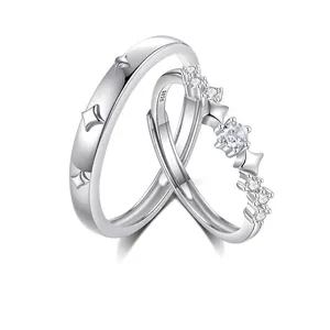925 Sterling Silver Adjustable Couple Rings Celestial Star Starry Sky Cubic Zirconia Gift For Men Women