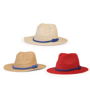 Classic wide brim straw fedora hats in three colors with decorative blue rope bands
