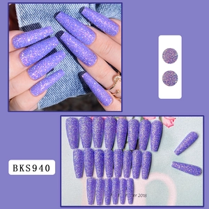 Detailed view of long purple glitter coffin nails BKS940 set with 24 pieces