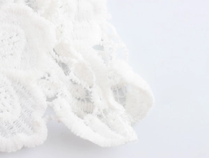 Détail en gros plan du tissu en dentelle blanche avec broderies florales élégantes