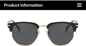 Front view of retro TR90 polarized sunglasses with black frame and gold metal bridge