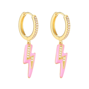 Close-up of gold enamel lightning earrings with pink drop oil and white zircon stones