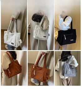 Detailed shots of corduroy tote bag in white, black, coffee, and grey colors