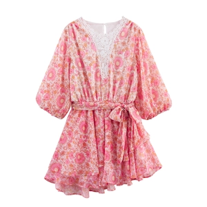 Vestito Mini In Chiffon Floreale Donna Rosa Pizzo Scollo V Manica Lunga Vita Alta Volant A Strati Stile