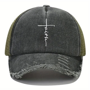 Washed denim baseball cap with faith cross embroidery and olive green mesh back