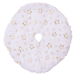 Detailed view of white faux fur Christmas tree skirt with decorative gold foil stars