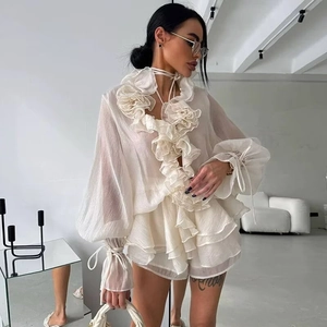 Elegant white chiffon two-piece set with ruffled details and lantern sleeves for women