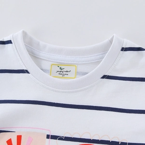 Short sleeve girls striped cotton t-shirt featuring blue and white horizontal patterns