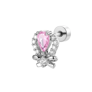 Exquisite silver bow earring with pear-shaped pink zircon and micro-paved crystals