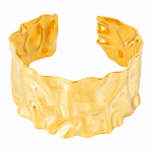 Minimalist 18k gold plated stainless steel open cuff bracelet with organic lava texture